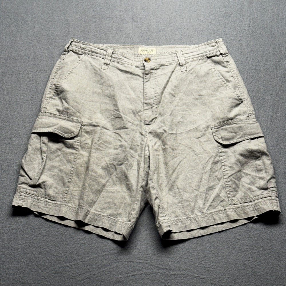 St John's Bay Mens Cargo Shorts Size 38 Beige Ramie Cotton Blend Utility Pocket